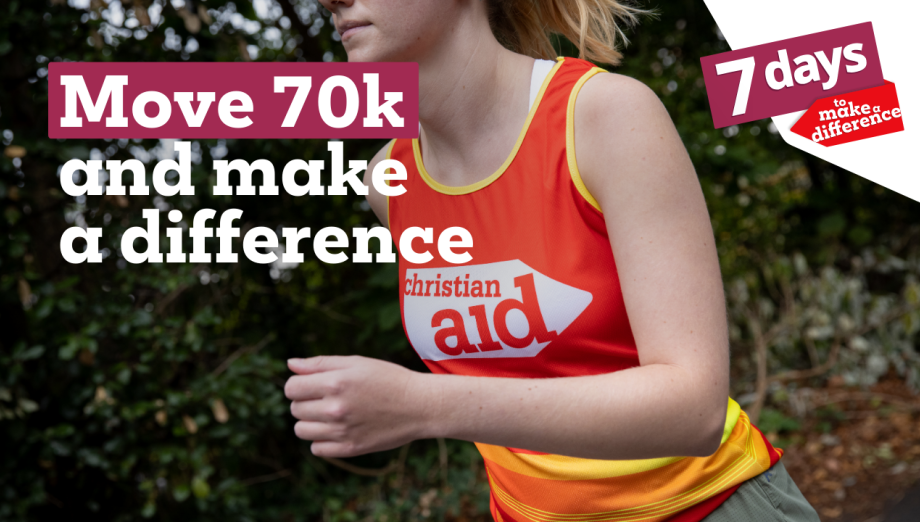 Woman running, wearing a red Christian Aid vest. The copy reads 'Move 70k and make a difference'.