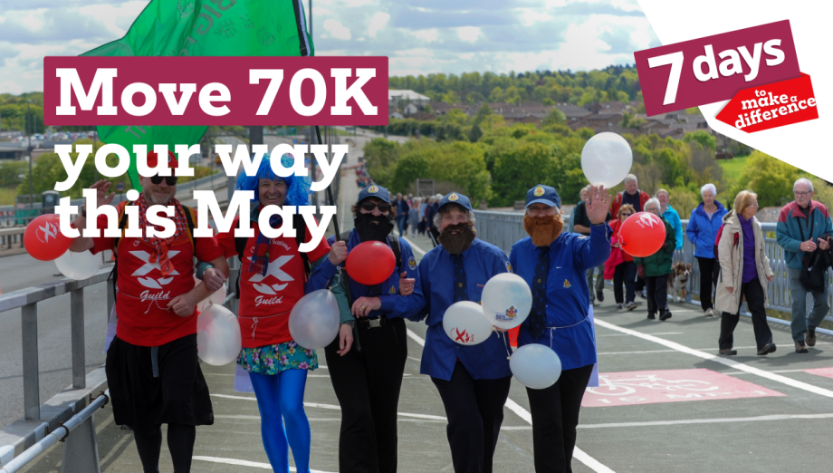 A group of Christian Aid fundraisers taking part in a walk. They are dressed in fancy dress costumes. The copy reads 'Move 70k your way this May'. 