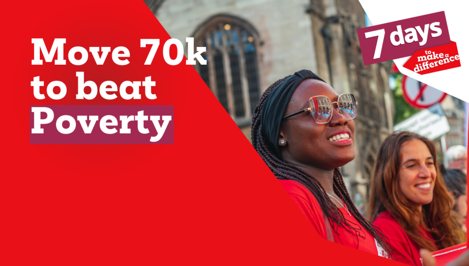 A Christian Aid supporter wearing a red t-shirt and sunglasses smiles while cheering at the London Marathon. Another supporter in a red t-shirt stands beside her, also smiling. The background features a historic building and event signage. The text overlay reads 'Move 70k to beat Poverty' and '7 days to make a difference.